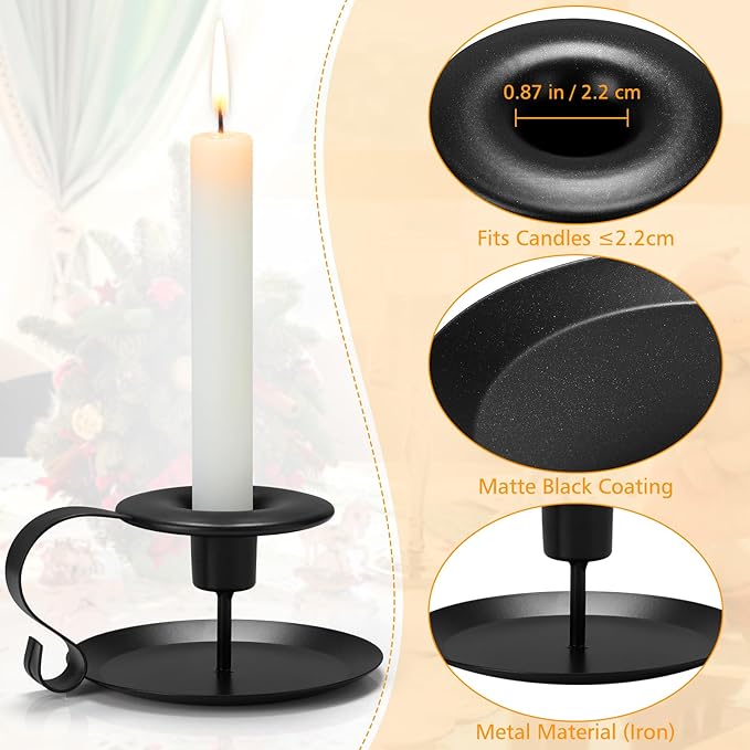 Black Metal Taper Candle Holders Set of 2, Vintage Chamberstick Candle Holder with Handle for Taper Candles, Farmhouse Rustic Candle Holders for Table Decor, Halloween Christmas Decoration