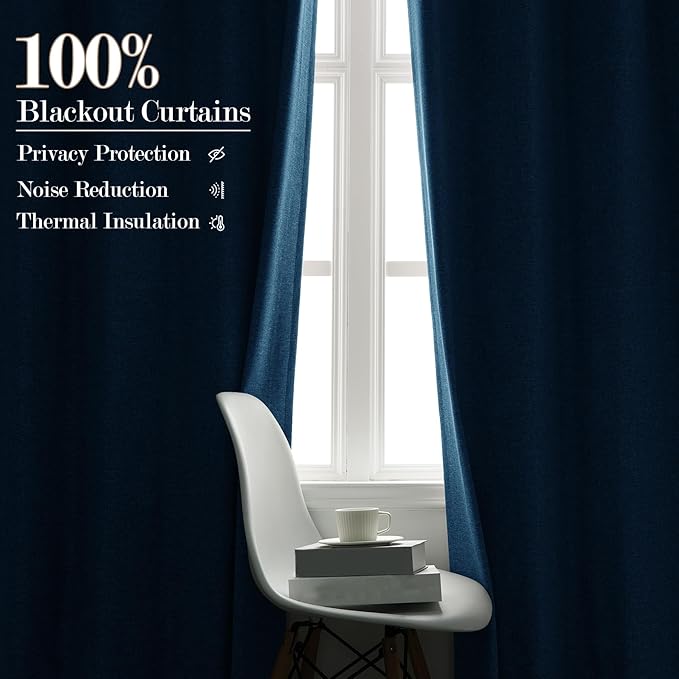 100" W x 84" L Faux Linen Room Divider Curtains, Full Blackout Pinch Pleated Drapes for Traverse Rod, Bedroom Divider Privacy Drapery with Hooks for Ceiling Track, 1 Panel, Blue