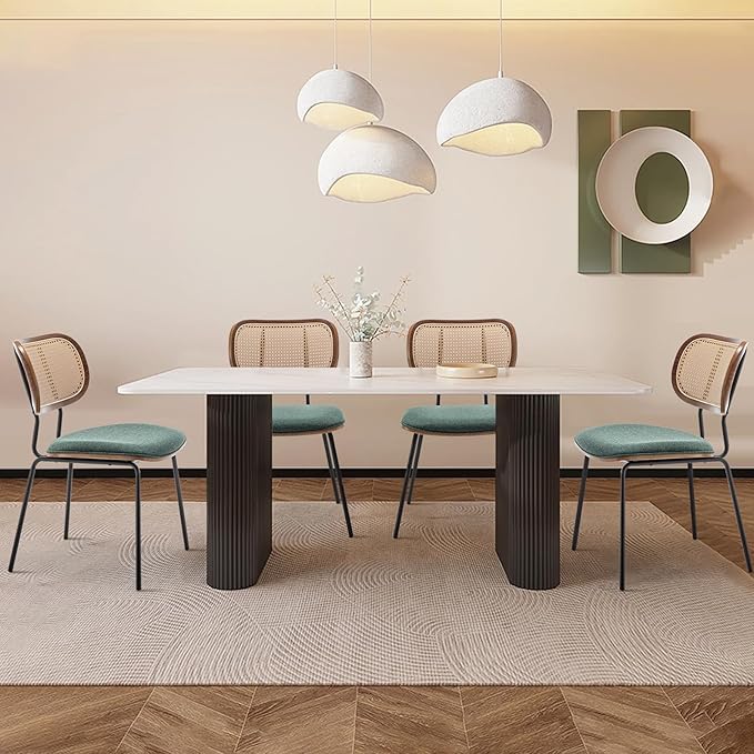 Rattan Dining Chairs Set of 2, Mid Century Modern Dining Chairs with Cane Back for Kitchen Dining Room, 19 Inch Fabric Green