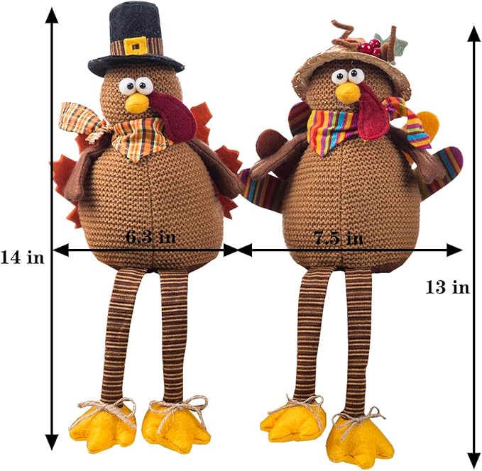 Ogrmar 2 Pack Stuffed Turkey Couple Doll Thanksgiving Tabletop Decoration Exquisite Handmade Turkey Doll Kit for Autumn Fall Thanksgiving Home Decor