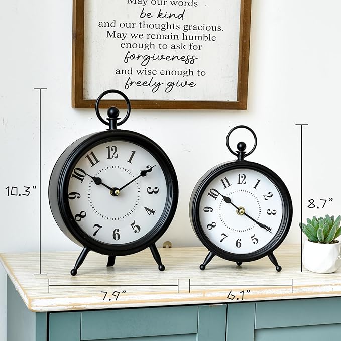 Vintage Black Table Clock on Stand, Decorative Desk and Shelf Clock,Decorative Battery Operated Table Top Clock for Living Room,Silent Non-Ticking(Small)