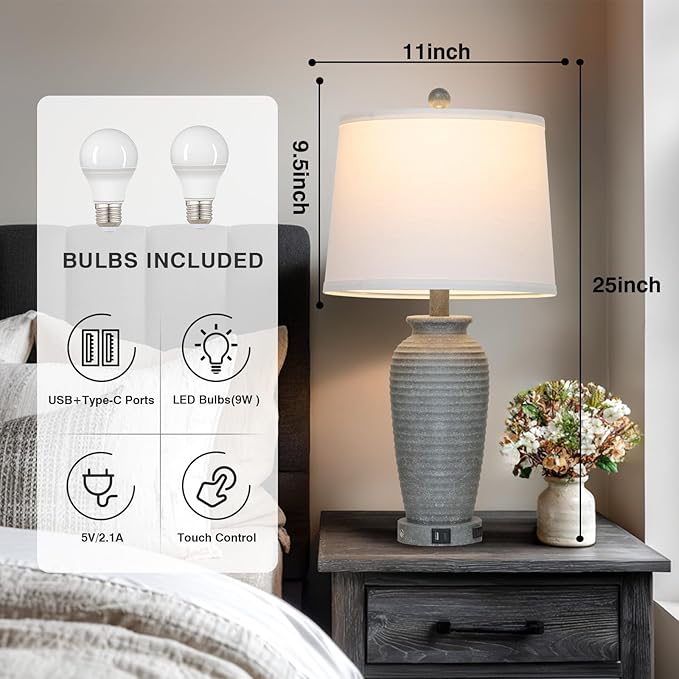 25" Grey Vintage Table Lamp Set of 2 Farmhouse Jar Table Lamps for Living Room,Touch Bedside Lamps with USB A+C Ports & AC Outlet, Pot Nightstand Lamps for Bedroom Living Room (LED Bulbs Included)