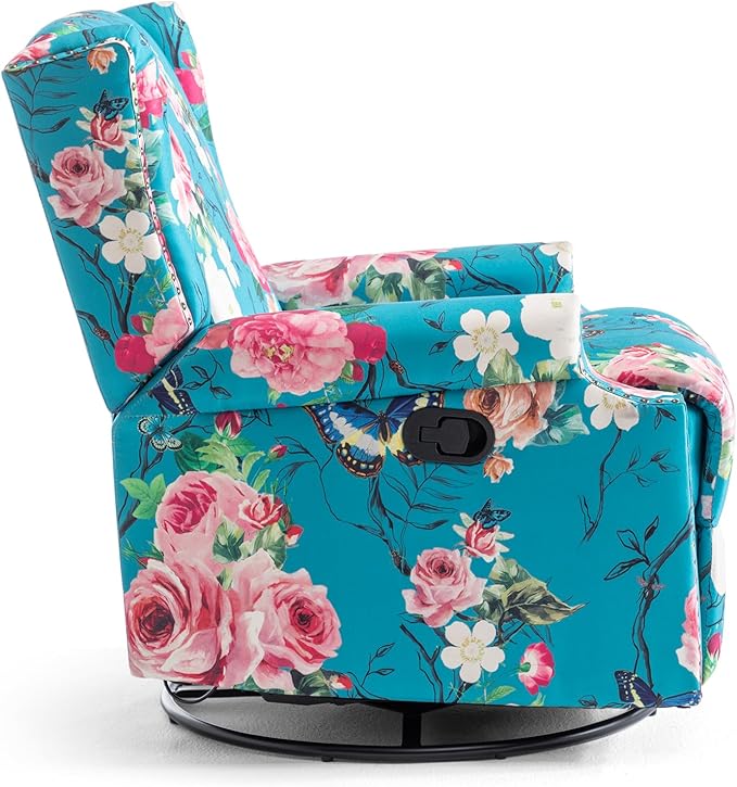 UIXE Swivel Rocker Manual Recliner Chair, Wingback Swivel Glider Fabric Nursery Reclining Sofa Chair, High Back Upholstered Arm Chair for Living Room Bedroom - Peacock Blue