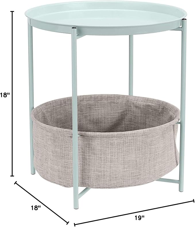 Amazon Basics Round Storage End Table, Side Table with Cloth Basket, Mint Green/Heather Gray, 18 in x 18 in x 19 in