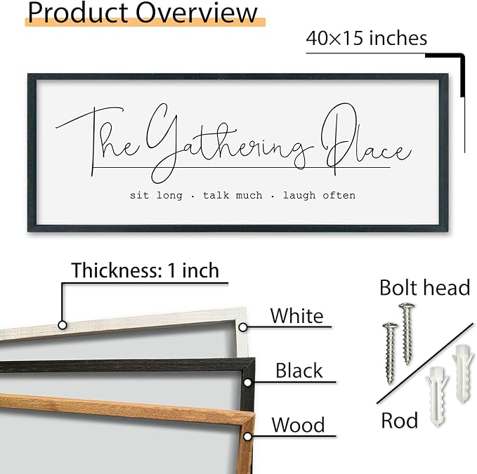 SRSZHIYUE The Gathering Place Sign Wall Decor Art 40"×15" for Large Kitchen Dining Room Wood Framed Wall Hanging (Black)