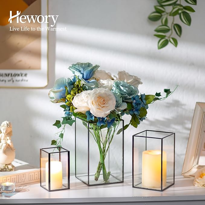 Glass Hurricane Candle Holder Large - Hewory 18pcs Black Rectangle Flower Holders Centerpiece for Table, Tall Floor Square Pillar Candle Lantern for Wedding, Anniversary, Party, Fireplace, Dining Room