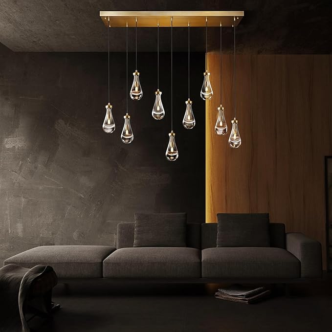 Raindrop 9-Light Chandeliers for Dining Room Gold Dining Room Lights Fixture Over Table, Brass Pendant Lights Kitchen Island, Adjustable Rope Teardrop Hanging Lamp Ceiling for Living Room