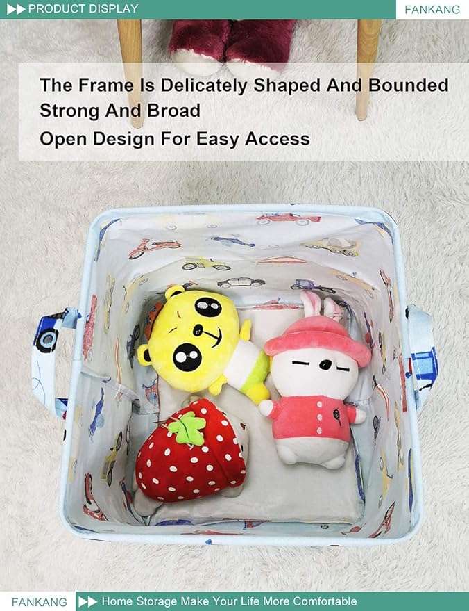 FANKANG Square Nursery Hamper Storage Bins Canvas Laundry Basket Foldable with Waterproof PE Coating Storage Baskets Gift Baskets for Children, Office, Bedroom, Clothes(Square-Car )