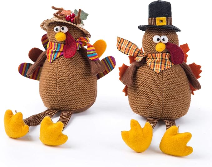 Ogrmar 2 Pack Stuffed Turkey Couple Doll Thanksgiving Tabletop Decoration Exquisite Handmade Turkey Doll Kit for Autumn Fall Thanksgiving Home Decor