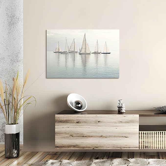 Nautical Sailing Picture Wall Art - Coastal Sailboat Canvas Ocean Ship Prints Sea Level Boat Painting Artwork for Living Room Home Office