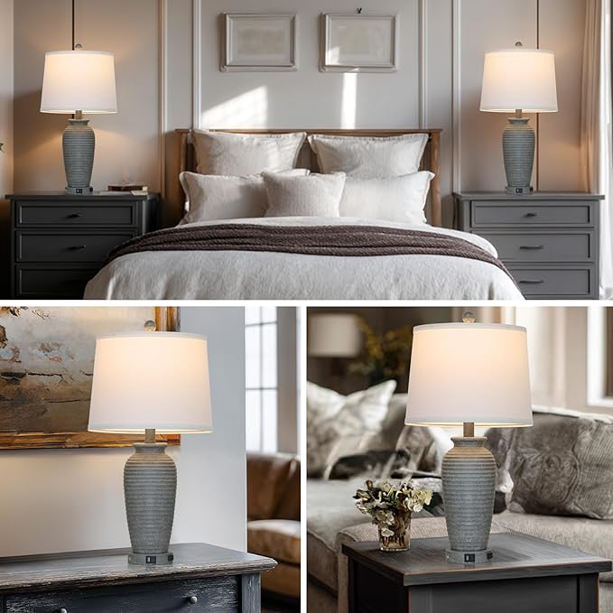 25" Grey Vintage Table Lamp Set of 2 Farmhouse Jar Table Lamps for Living Room,Touch Bedside Lamps with USB A+C Ports & AC Outlet, Pot Nightstand Lamps for Bedroom Living Room (LED Bulbs Included)