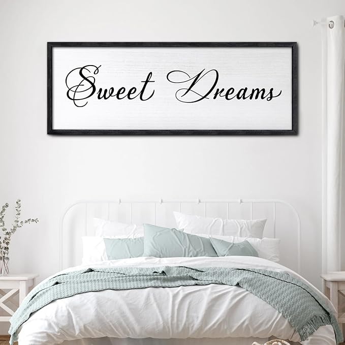 Sweet Dreams Wall Decor Above Bed 40x15 Inch Large Master Bedroom Hanging Wood Rustic Framed Farmhouse Sweet Dreams Sign Guest Room Aesthetic And Minimalist Over Bed Wall Art(Black)