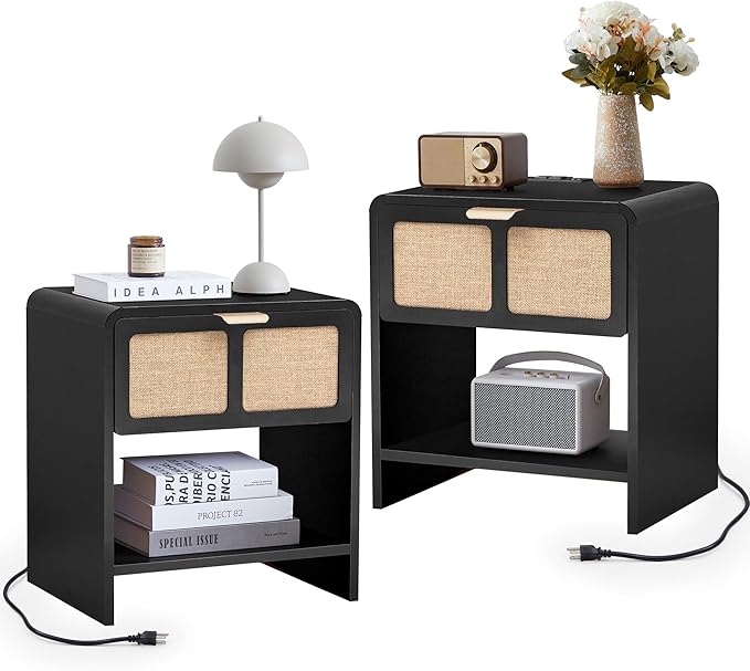 LEVNARY Nightstand with Charging Station, Mid-Century Modern Bedside Table with Curved Top Corners and Fabric-Like Textured Drawer, Wooden End Table for Farmhouse Bedroom Living Room (1, Black)