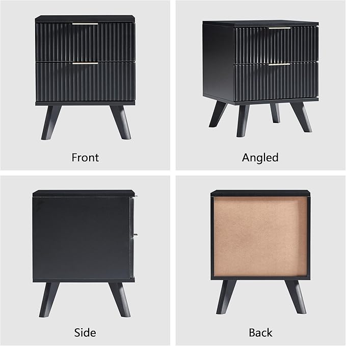 Fluted Nightstand Set of 2, Mid Century Modern 2 Drawer Dresser for Bedroom, Small Dresser Night Stand Side Table End Table with Wood Fluted Drawer Storage for Bedroom Closet(Black)