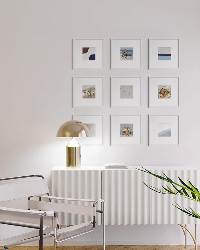 HAUS AND HUES 10x10 White Metal Picture Frames Matted to 5x5 - Features Premium Aluminum & Hanging Hardware, Shatterproof Plexiglass - Ideal for Home, Room, Office (10x10 in, White, Set of 9)
