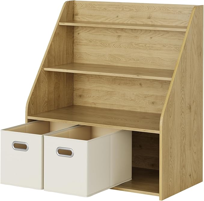 Kids Bookshelf and Toy Organizer, 3-Tier Toy Storage Organizer with 3 Movable Drawers, Montessori Toy Shelf, Nursery Book Shelves Toddler Bookshelf for Kids Room Living Room Nursery