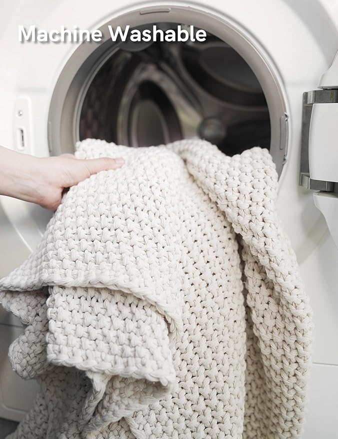 YnM Chunky Cotton Knit Throw Blanket, Cable Knit Throws for Bed Couch Sofa, Comfy & Relaxing, Decorative Piece for Farmhouse Modern Boho Rustic Scandinavian Chic Vibe, Cream White 60x80 Inches