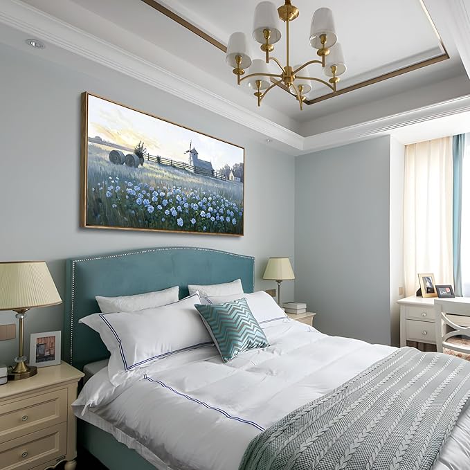 amatop Large Framed Country Landscape Wall Art – Blue Floral Canvas Art Print Vintage Rustic Farmhouse Picture Sunset Nature Artwork Wall Decor for Bedroom Dining Room Office Entryway 48x24 Inch