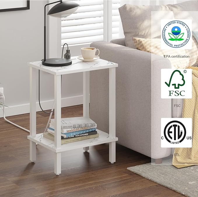 TUTOTAK End Table with Charging Station, Small Side Table with Outlets, Nightstand Bedside Table, 2-Tier Storage Shelf for Small Space, Living Room, Bedroom, Marble White TB01BMW040