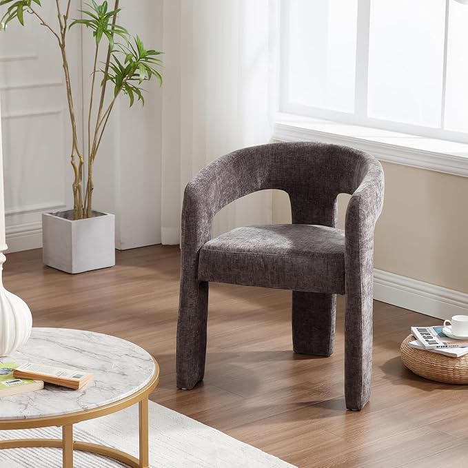 Charcoal Grey Chenille Dining Chairs Set of 6, Modern Barrel Dining Room Chairs Upholstered Accent Chair with Arms and Round Back for Living Room Kitchen Armchair No Assembly Needed