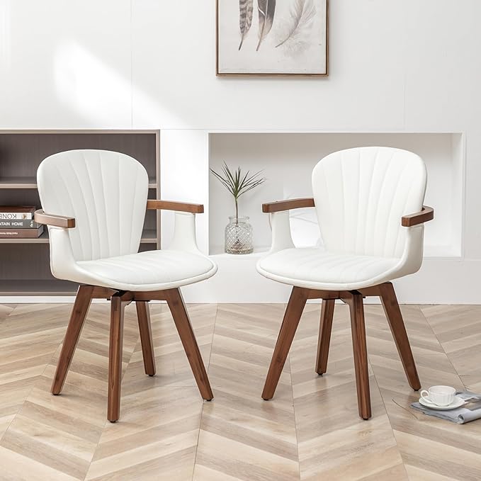 LUNLING Swivel Dining Chairs, Mid Century Modern White Faux Leather Kitchen Chairs with Arms,Bamboo Legs Side Chairs No Wheels,Accent Chair for Dining Rooms and Offices,1PCS