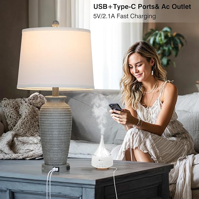 25" Grey Vintage Table Lamp Set of 2 Farmhouse Jar Table Lamps for Living Room,Touch Bedside Lamps with USB A+C Ports & AC Outlet, Pot Nightstand Lamps for Bedroom Living Room (LED Bulbs Included)