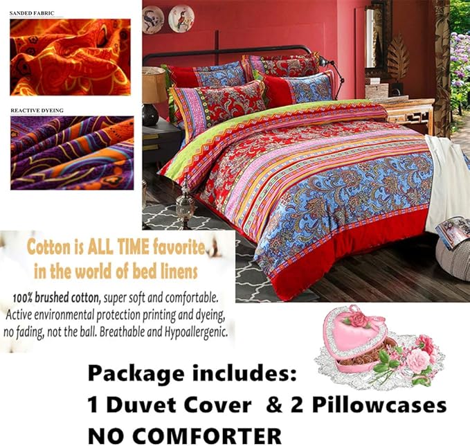 ABREEZE Bohemian Vintage Cal.King Size Floral Cotton Bedding Set 3Pcs Duvet Cover Set Boho Green Paisley 100% Egyptian Brushed Cotton Reversible Home Bedding Collection