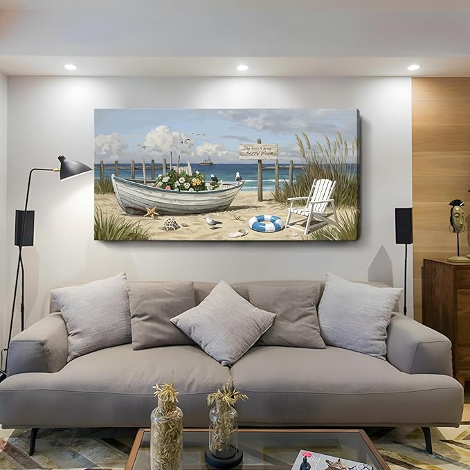 amatop Large Coastal Wall Art Nautical Beach Canvas Art Print Flower-Filled Boat on Sand Ocean Waves Seaside Seascape ArtworkSea Birds Marine Picture Home Decor for Living Room Bedroom Office 48×24 Inch