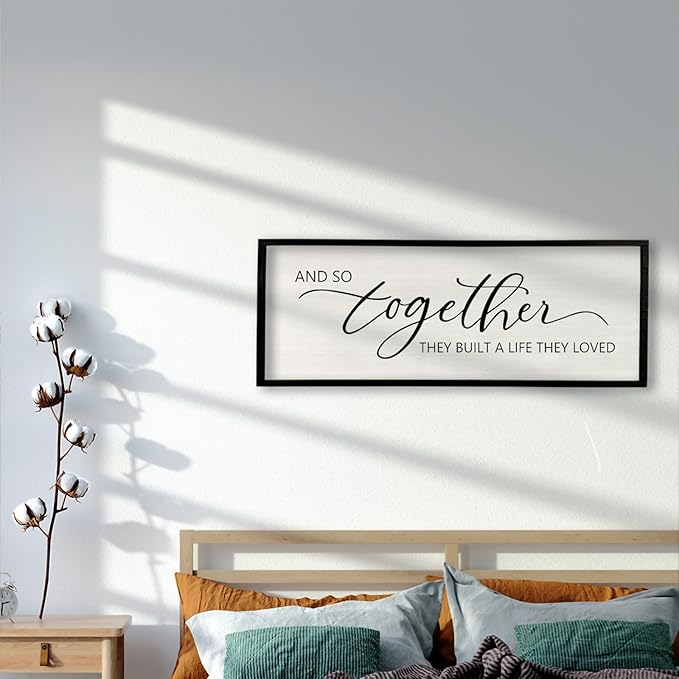 And So Together They Built A Life They Loved Sign 40”X15” Master Bedroom Above Bed Wall Decor Large Framed Wood Farmhouse Sign for Over Bed Bedside Wall Art for Love Sign Decor (Black)