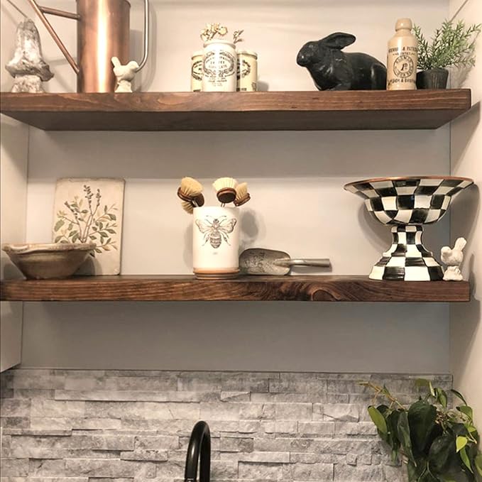 URBANDI, Rustic Floating Shelves, Set of 2, Hidden Bracket, Solid Wood, Heavy Duty, Wall Mounted Shelves, (Provincial, 12Wx6D)