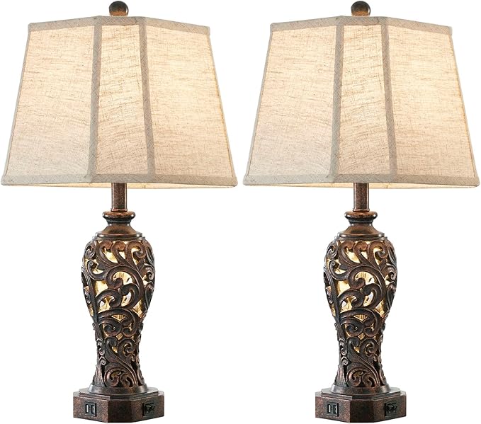 Set of 2 Farmhouse Table Lamps for Living Room, Rustic Vintage Nightstand Lamp with 2 USB Port, Bronze Resin Lamps for Bedroom End Table with Hollow Out Nightlight, 2 Bulbs Included