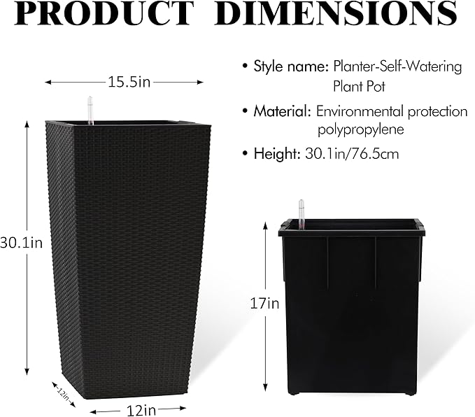 30in Tall Large Plant Pots Planter-Self-Watering Indoor/Outdoor Planting with Drain Holes, Water Level Monitor, Inner Bucket for Front Porch Patio, Black Large