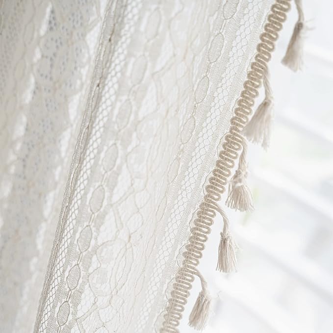 Sutuo Home Boho Curtain Crochet Lace Semi-Sheer Florals Hollow Knitted Handmade Tassels, Rod Pocket Window Treatment Vintage Rustic Farmhouse Drapes for Living Bedroom, 1 Panel 59" W x 96" L, Beige