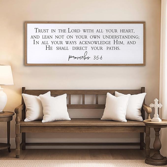 Trust in the Lord With All Thine Heart Wall Decor Art Bible Verse Sign Proverbs 3:5-6 Framed Wood 32X12 Inch For Scripture Christian Hanging (Wood)