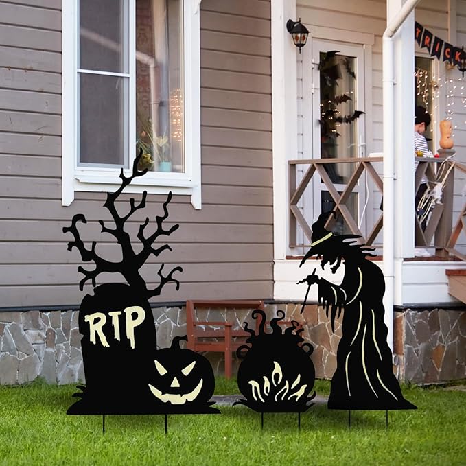 Halloween Yard Signs Outdoor Decorations,3 Pack Scary Large Witch Tombstone Cauldron Fluorescent Metal Stakes Glow in The Dark for Lawn Garden Halloween Decor (Large Witch Tombstone Cauldron)