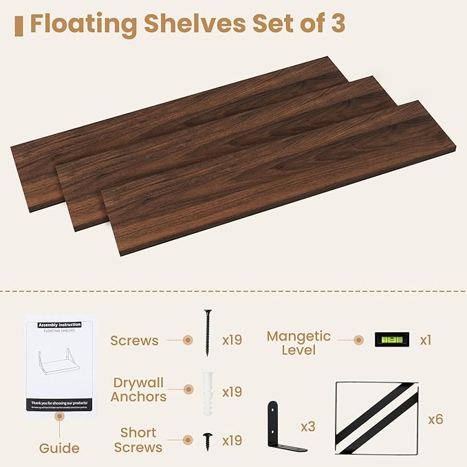 Heimlove 36 Inch Floating Bookshelves Set of 3,Heavy Duty Wall Mounted Bookshelves,Bookshelf for Living Room,Bedroom,Kitchen,Laundry Room Storage & Decor-Walnut Color