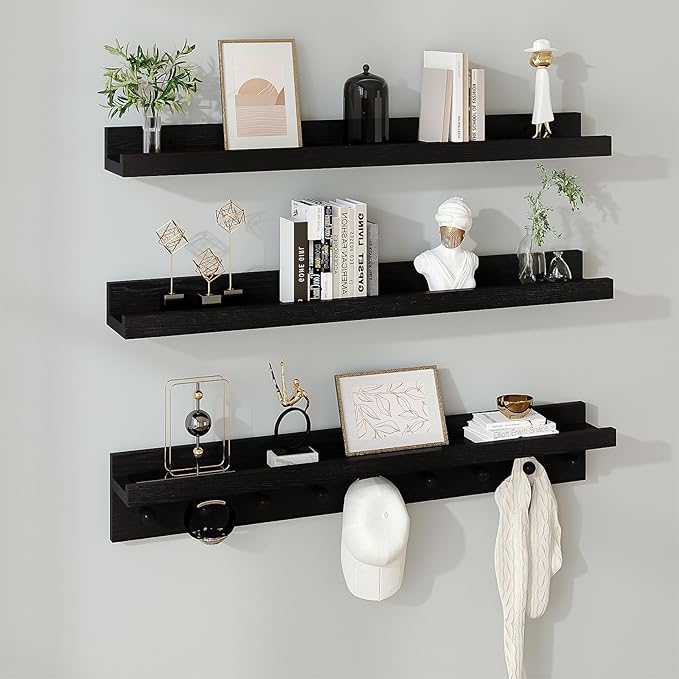 MBYD Floating Shelves for Wall, Nursery Floating Bookshelf for Kids Room, Black Wall Mount Book Shelves with Hooks for Living Room Bedroom Bathroom, 36 Inch Picture Ledge Kitchen Spice Rack Set of 3