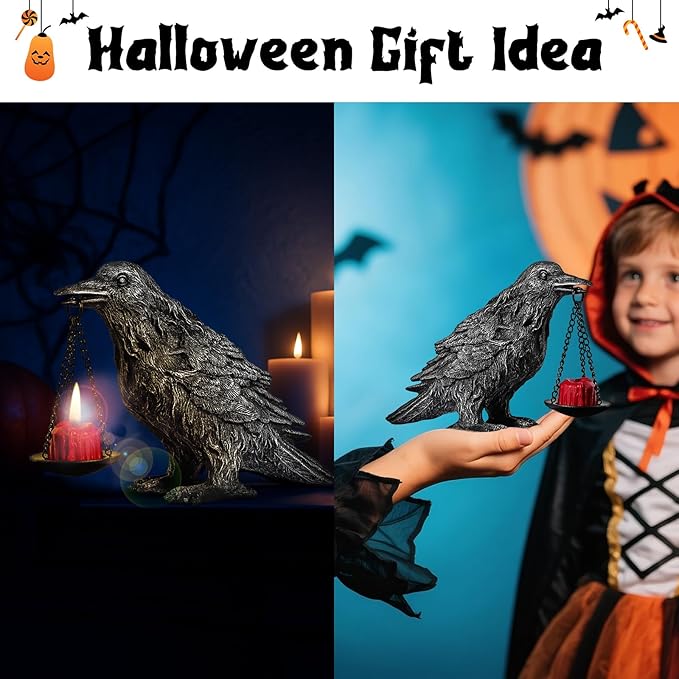 Gothic Home Decor Fake Crow Light Holder Raven Lamp Tealight Candle Holder Resin Statue Half Silver