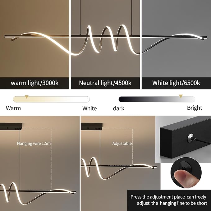 Modern Ceiling Chandelier Light, Acrylic Anti Flicker Pendant Lamp with Remote Control Dimmable 3 Color Mode & Brightness (Warm Cool Neutral Light) for Kitchen Bar(Black,57IN