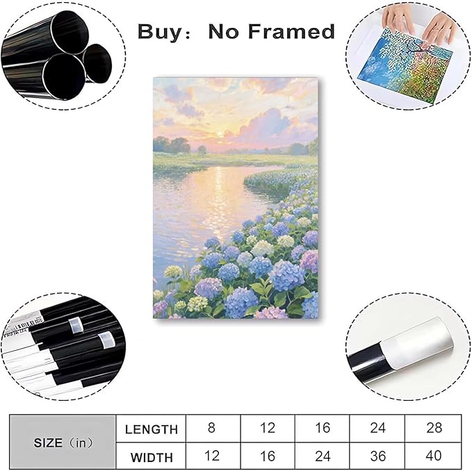 The hydrangea scenery all over the lake at sunset is suitable for posting in the living room bedroom office landscape poster wall painting