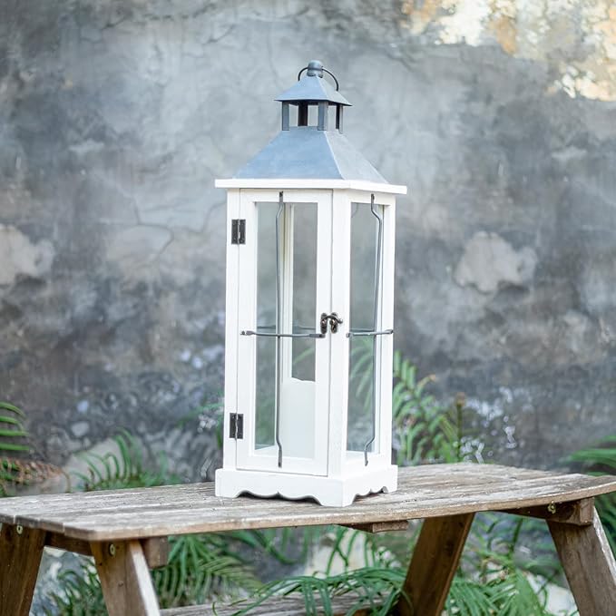 Bdor 26in Farmhouse White IP65 Waterproof Wood Metal Decorative Lanterns with Remote Control, Timer, Tempered Glass, Flameless Pillar Candles, Decorative Lanterns for Home Decor, Front Porch, Wedding