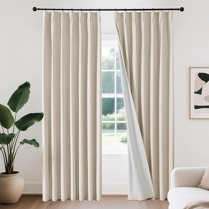Joydeco Pinch Pleated Linen Curtains for Living Room, 100% Blackout Darkening Curtains 72 inches Length 2 Panel Thermal Insulated Pinch Pleat Drapes(Ecru,40'' Wx72'' L)