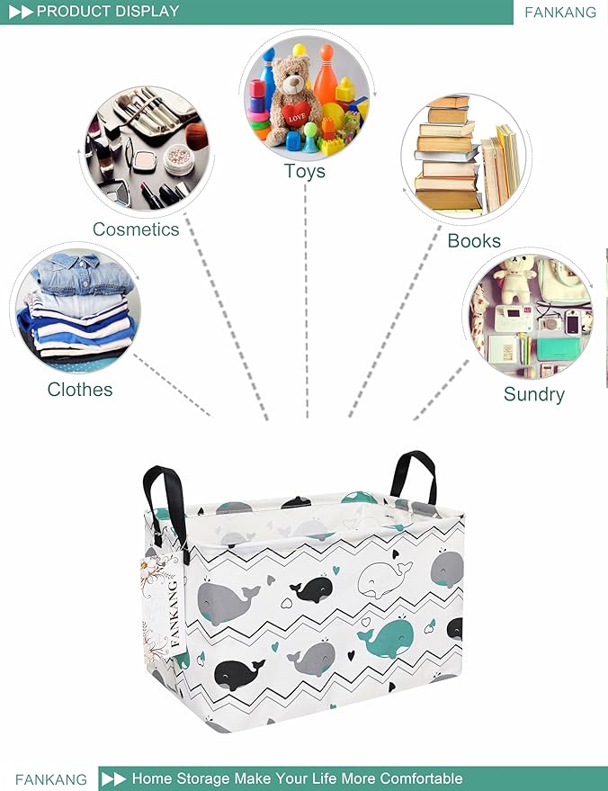 FANKANG Storage Bins, Nursery Hamper Canvas Laundry Basket Foldable with Waterproof PE Coating Large Storage Baskets for Kids Boys and Girls, Office, Bedroom, Clothes,Toys(Rec-whales )