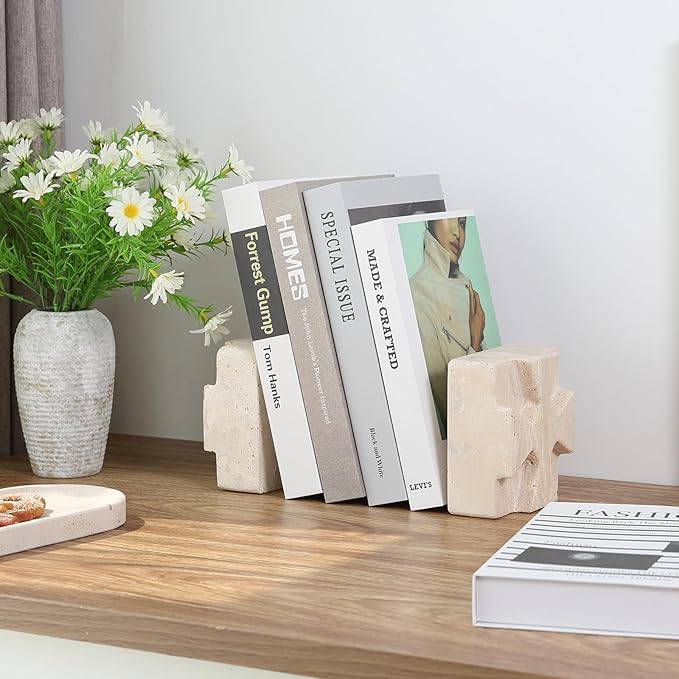 Natural Marble Bookends for Heavy Books, Heavy Duty Square Decorative Stone Book Ends for Shelves, Aesthetic Travertine Book Holder, Modern Office Bookshelf Stopper Decor, Beige, Set of 2