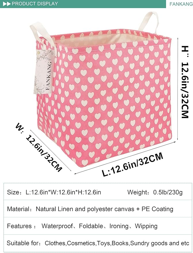 FANKANG Square Nursery Hamper Storage Bins Canvas Laundry Basket Foldable with Waterproof PE Coating Storage Baskets Gift Baskets for Children, Office, Bedroom, Clothes(Square-Pink Heart )