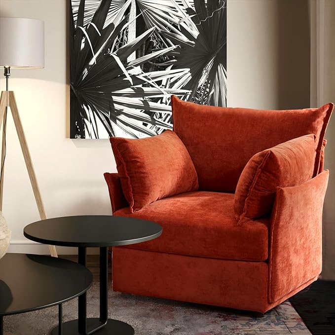 Oversized Accent Chair, Upholstered Modern Sofa Chair with Removable Backrest & Detachable Cover, 24.5" Deep Seat Large Reading Armchair for Living Room Bedroom - Chenille Terracotta Set of 2