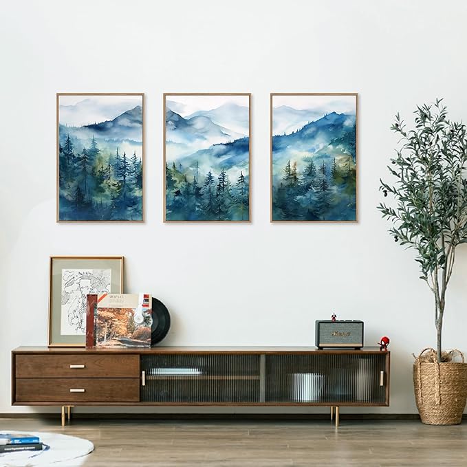 Celestdeco Blue Ridge Mountains Forest Framed Canvas Wall Art Set, Natural Landscape Wall Decor, Green Pine Trees Wall Painting, Woodland Artworks for Living Room, Bedroom, Dining Room - 16"x24"x3