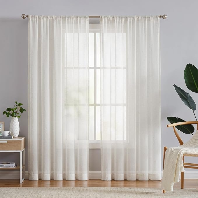 FMFUNCTEX Linen Sheer Curtains for Bedroom, Beige Curtains 63 inch Length for Living Room, Natural Flax Blend Window Draperies for Farmhouse Curtain, Rod Pocket 2 Panels