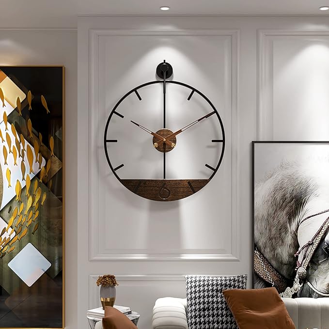 Modern Wood Walnut Dial Wall Clock, Large Simple Wall Decor Metal Frame Silent Non Ticking Clock for Living Room Decor, Kitchen, Bedroom, Study Decoration, Handmade Home Gift Idea, 22.5 in