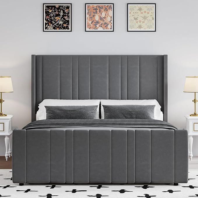HOMBCK Full Bed Frame with Headboard, Upholstered Platform Bed Full Size with Velvet Headboard & Footboard/Vertical Channel Tufted/Wooden Slats/Noise Free/No Box Spring Needed/Easy Assembly, Grey